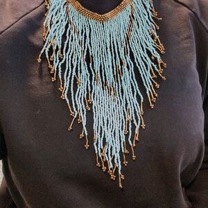 Elegant Beaded Fringe Necklace - Turquoise and Gold